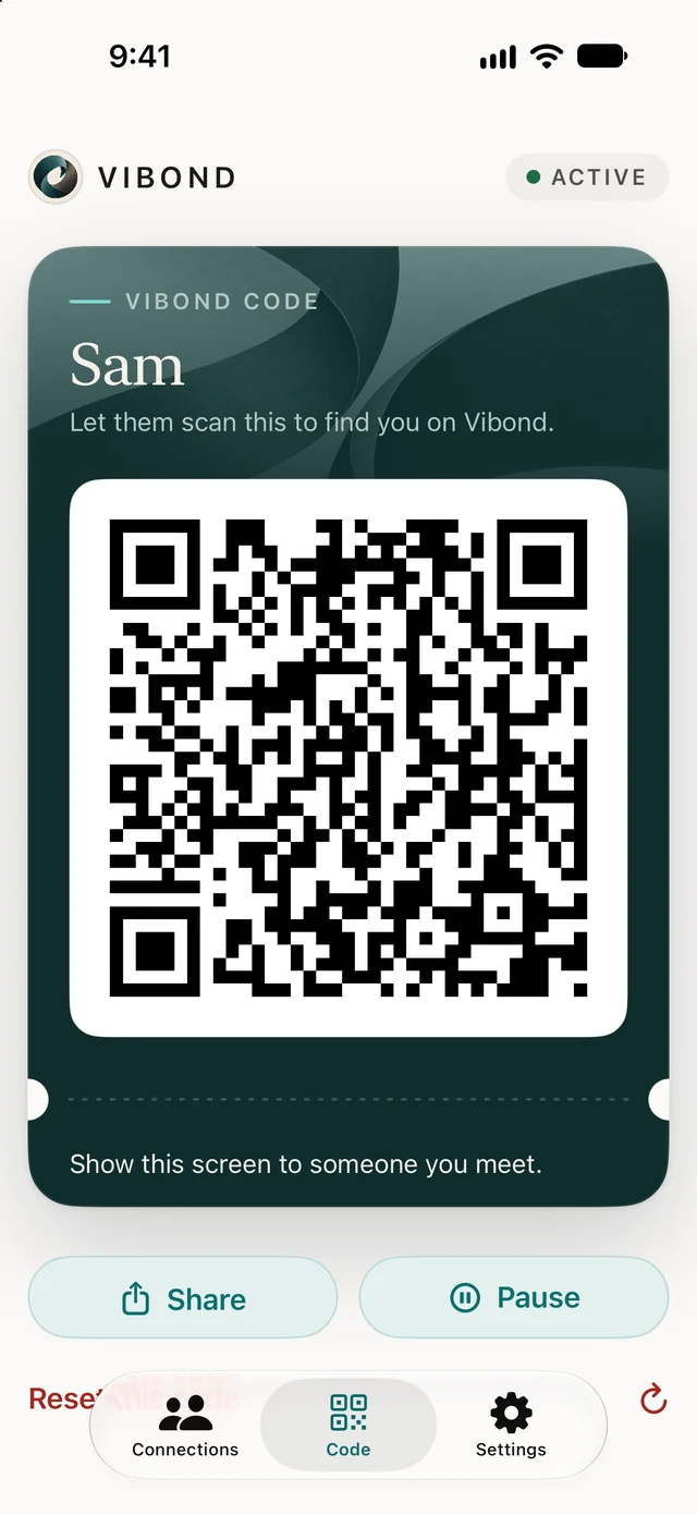 The Vibond Code screen: a pass with the person's name above their code.